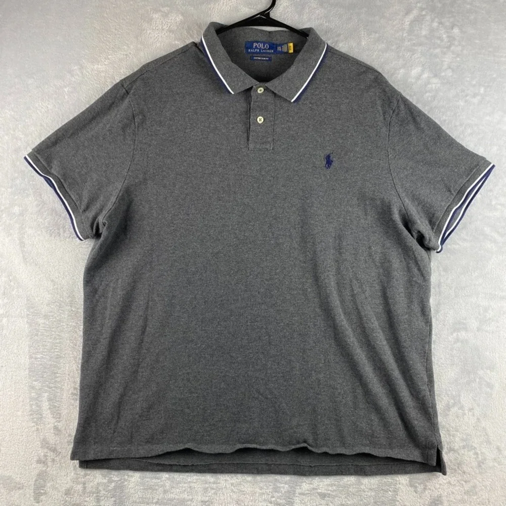 Polo Ralph Lauren Polo Shirt Mens XXL Pique Knit Trim Gray Blue Pony